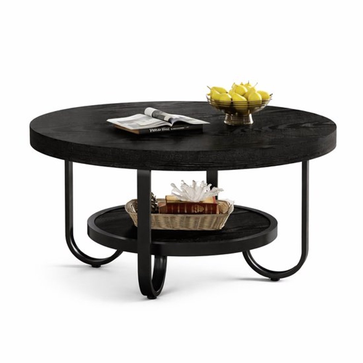 Van Elmont Ronde Salontafel - Salontafels - Salontafel met Opbergplank - Bijzettafel zwart - Tafel - Sidetable voor Woonkamer, Thuiskantoor - 80 x 80 x 45 cm