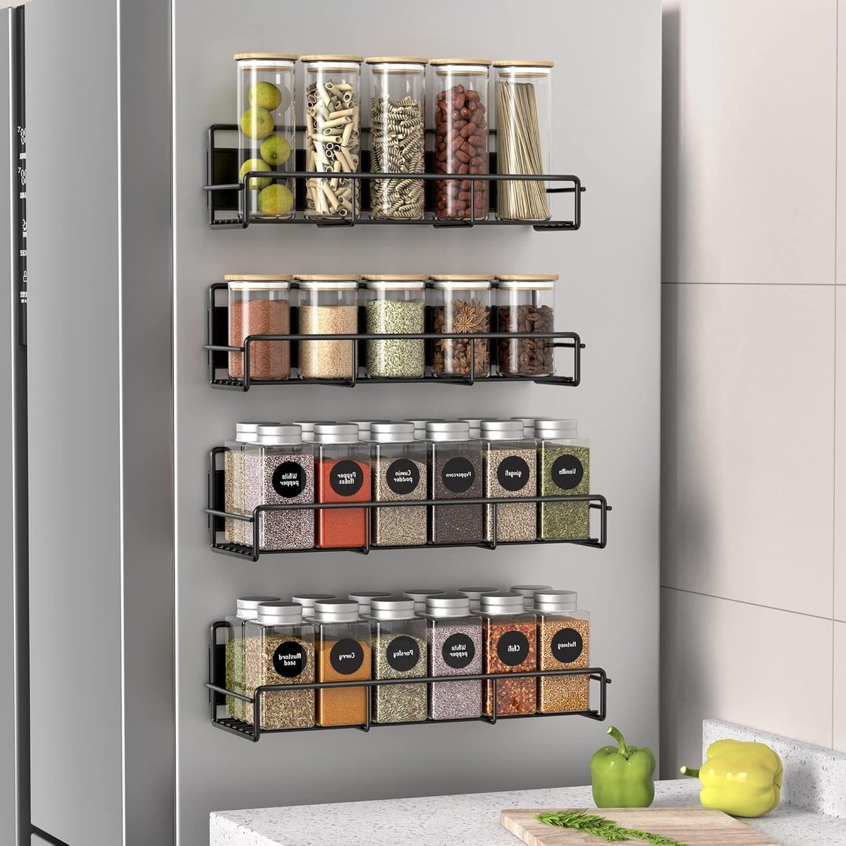 Set van 4 Magnetische Kruidenset Organizers voor Koelkast en Magnetron, Ruimtebesparende Keukenoplossing, Zwart