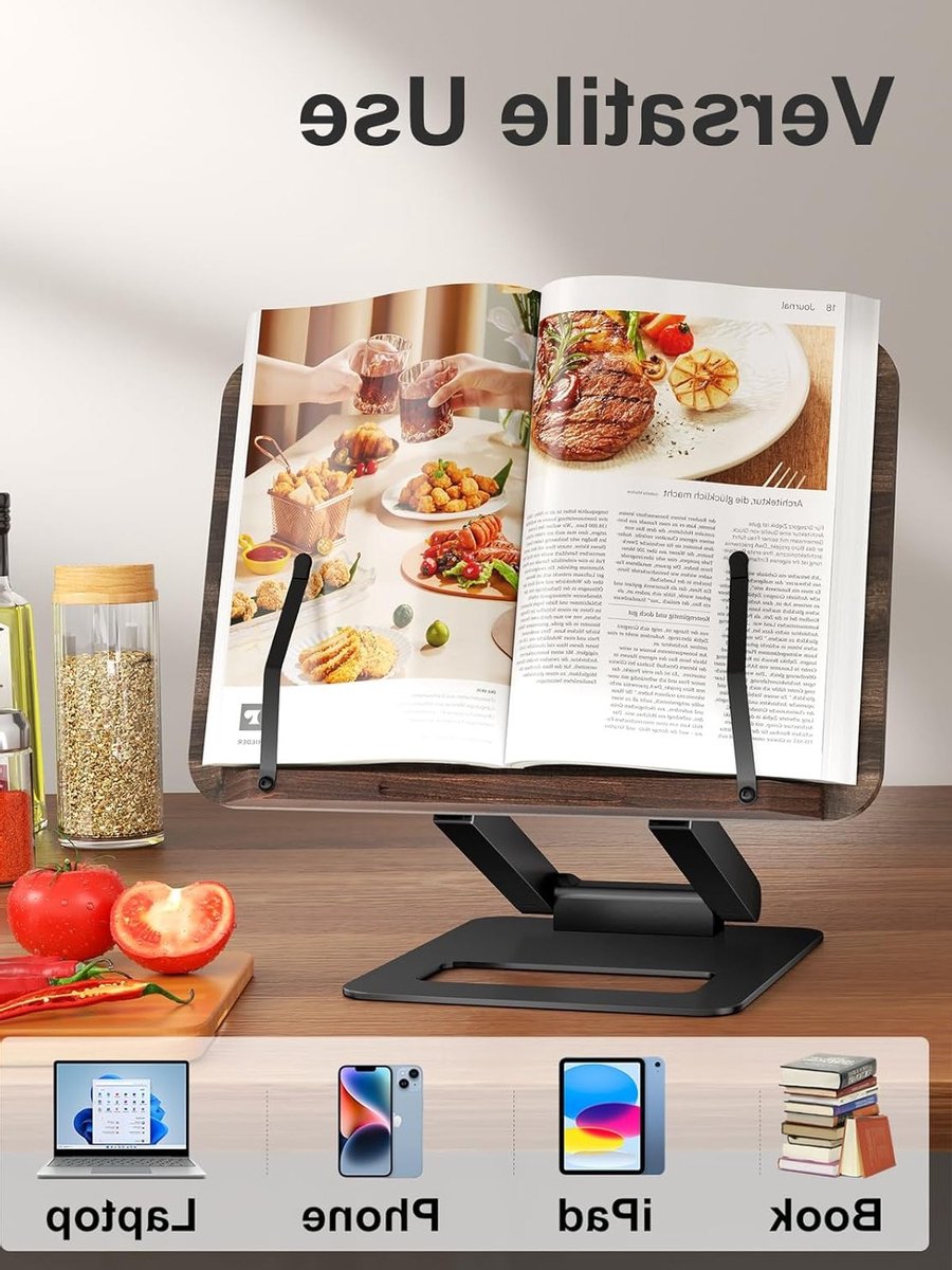 Verstelbare Boekstandaard met Telescopische Arm, Ergonomisch Ontwerp en Elastische Zijklemmen voor Kookboeken en Meer (Zwart)