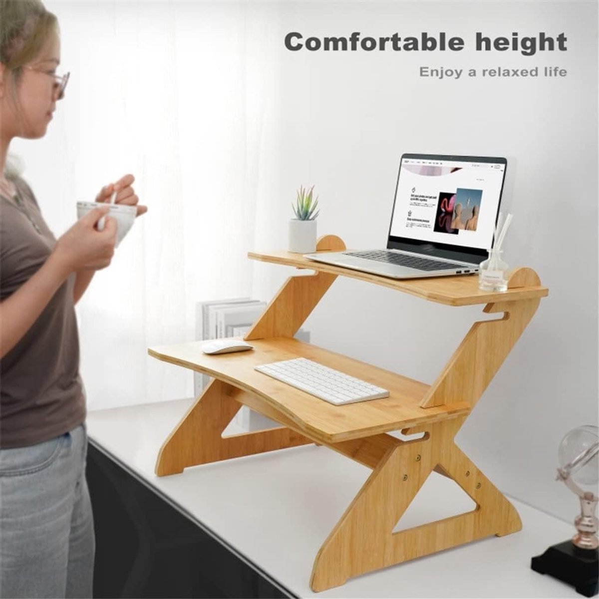 Staand Bureau Converter 2-Laags Bamboe Monitor Riser Verstelbaar 22–45 cm (8.7–17.7 inch) – Ergonomische Standing Desk Verhoger voor Monitor & Laptop, Dual Shelf Bureau Organizer – Mobili Bella