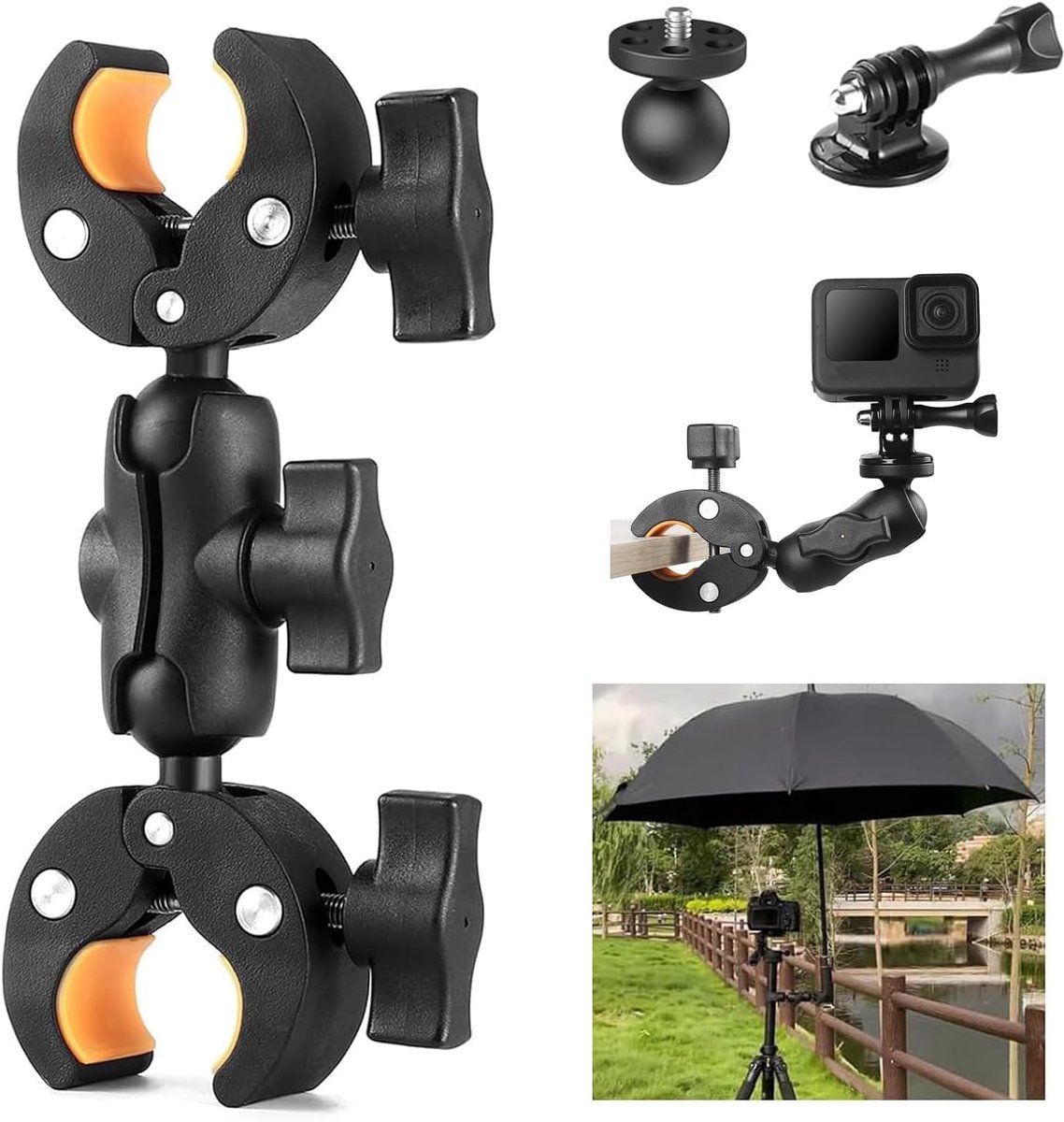 carmdering - Dubbele Super Clamp - Magic Arm Klemhouder - Camera Bevestiging - 17-40mm Klemmabstand - Verrutschfest Rubber Pad - Nylonfiber Composit - 360° Draaibaar - Voor Fiets En Motor - 1 Stuks