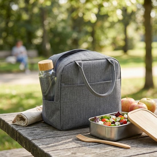 Grijze koeltas dames en heren draagbare handtas lunch tas geïsoleerde opberg tas met dubbele handgreep berenpatroon geschikt voor werk woon werkverkeer en vrije tijd compacte tote bag stijl van NUVEX — afbeelding 2