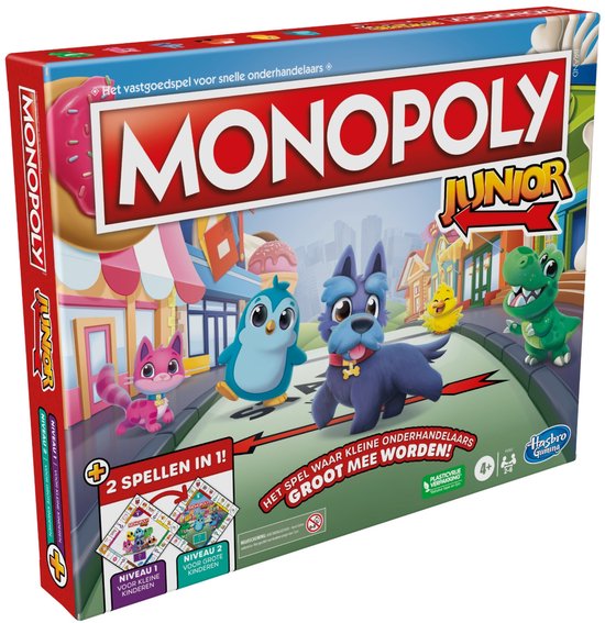 Monopoly Junior bordspel met donut, ijsje, kat, pinguïn, kuiken en hond op een straat.