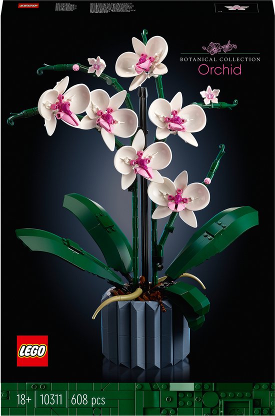 Boîte d'orchidée LEGO avec une orchidée à construire aux fleurs blanches et cœurs roses.