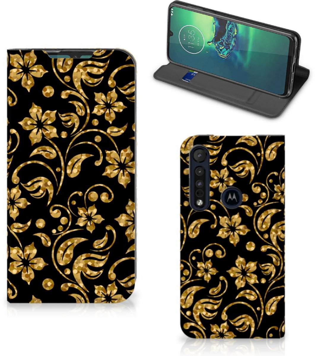 Motorola G8 Plus Smart Cover Gouden Bloemen