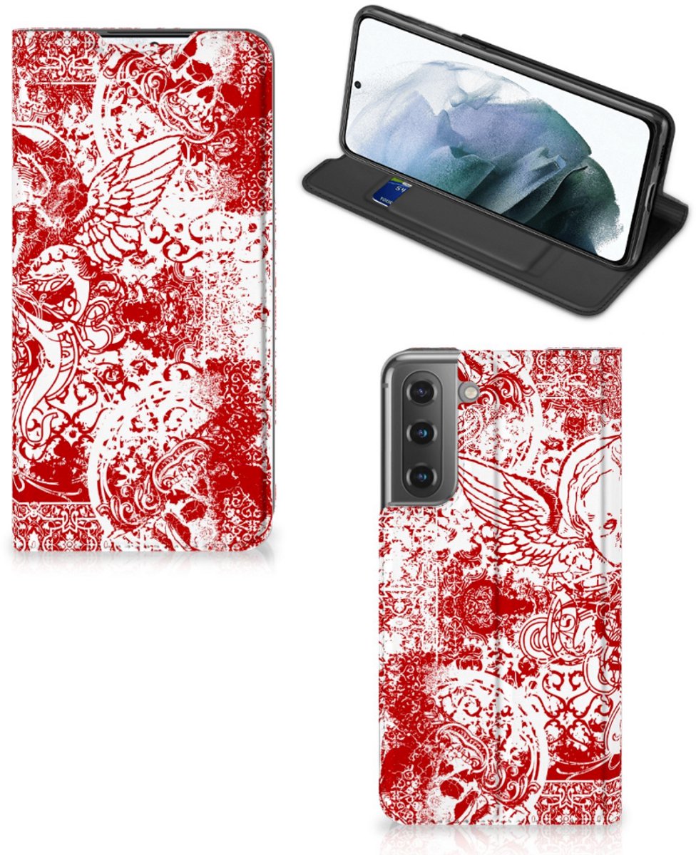 Mobiel BookCase Samsung Galaxy S21 FE Angel Skull Rood