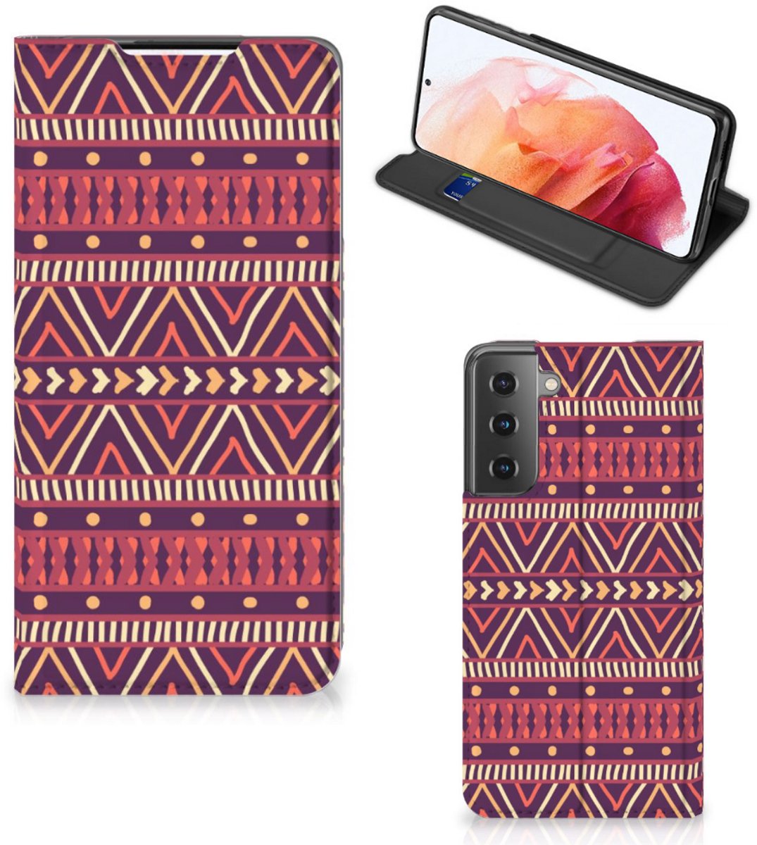Book Case voor Samsung Galaxy S21 Hoesje met Magneet Aztec Paars