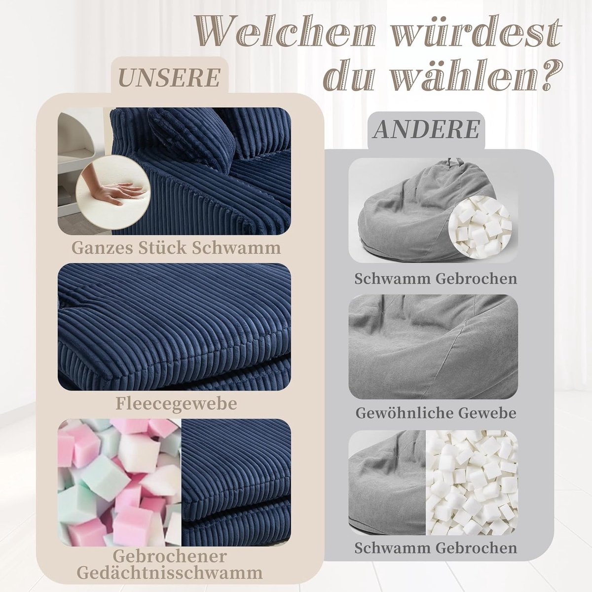 Chaise Longue Corduroy Loungestoel 125 x 155 x 63 cm – Luxe Cloud Bank met 3 Kussens, Ergonomisch Design, Geen Montage – Laura