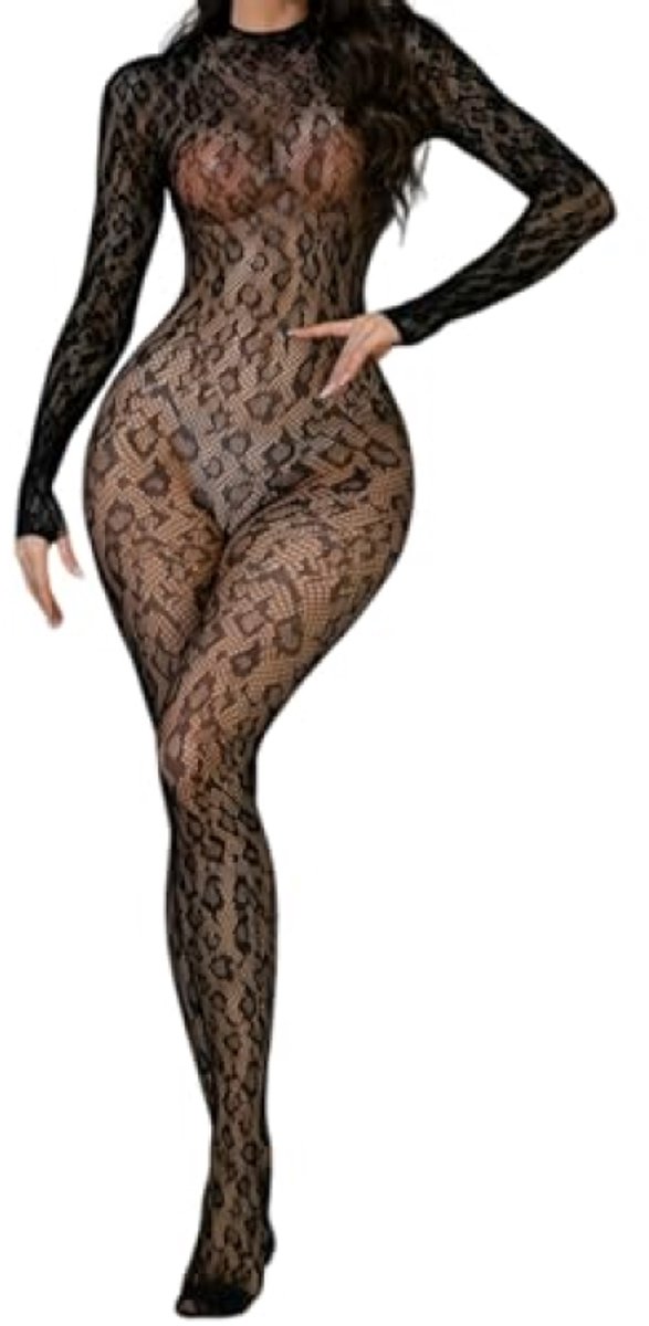Dames bodystocking met luipaardprint - Lange mouwen, open rug - Feestlingerie