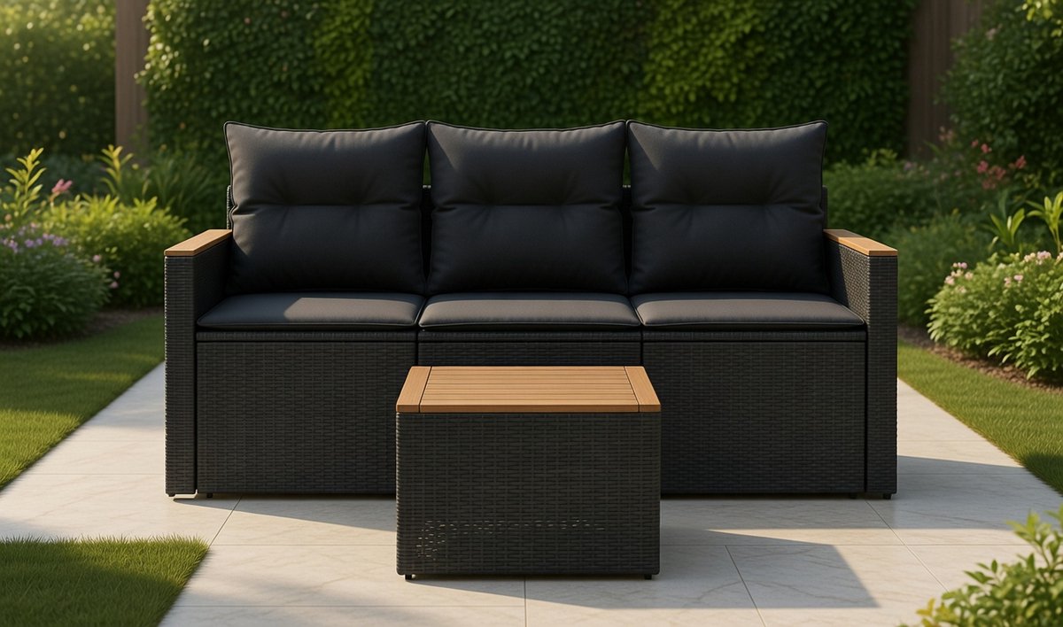 Luxe 4-Delige Tuin Loungeset met Kussens – Zwart Polyrotan – Comfortabele Tuinmeubelen voor Balkon, Terras en Achtertuin – MedaHomeStore