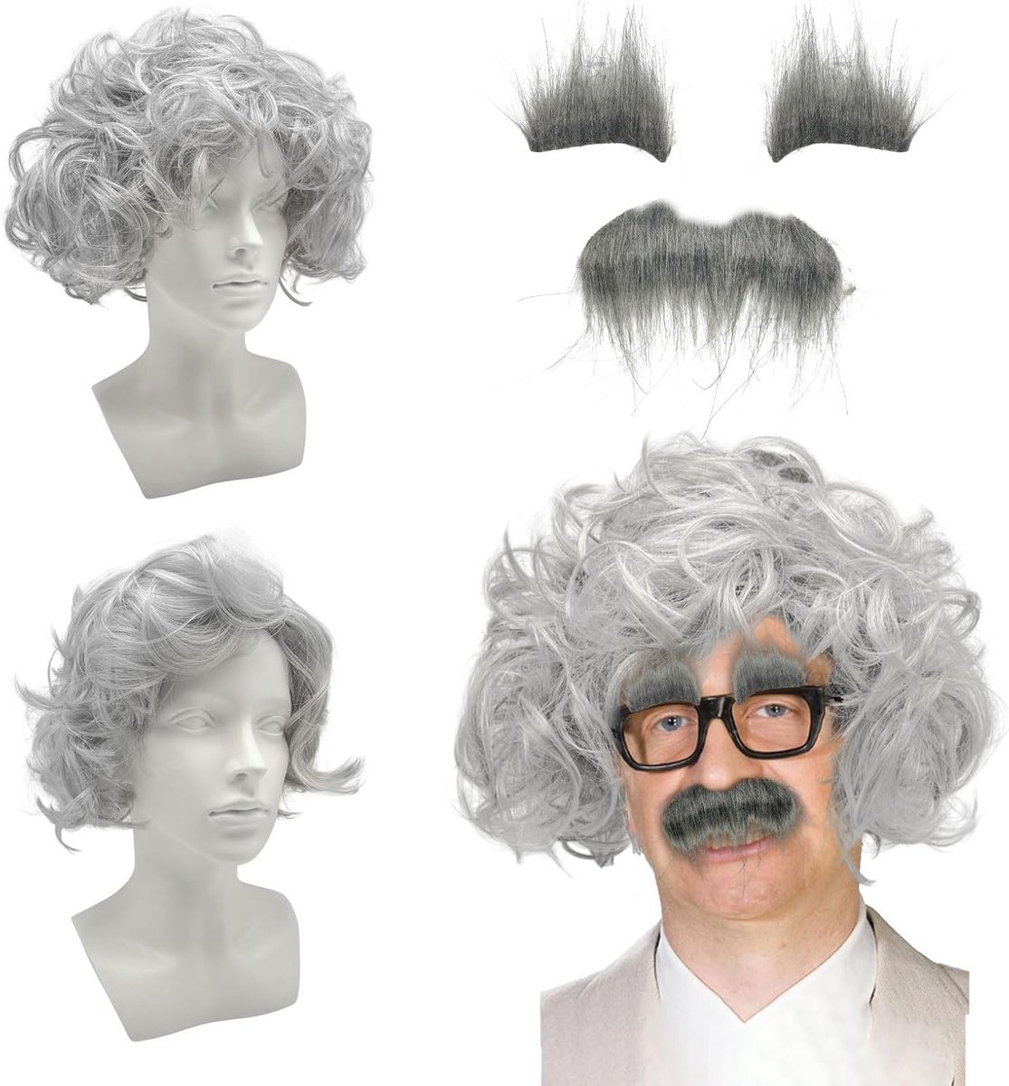 Grijze Perücke met Snor voor Oude Man Kostuum, Perfect voor Cosplay, Feest en Festival