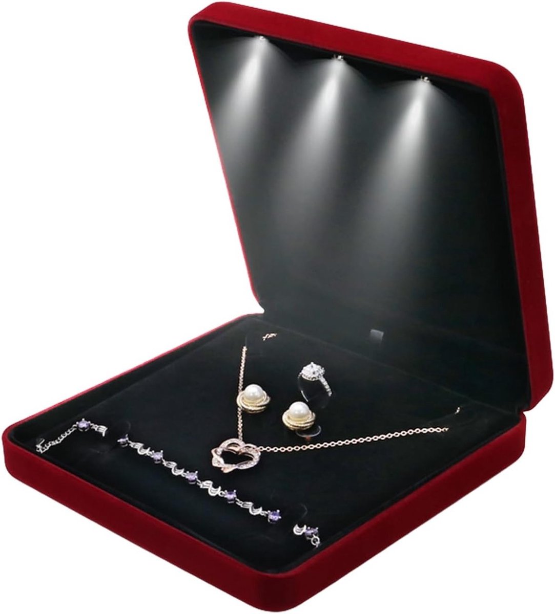 Sieradenopbergdoos met LED-verlichting, Pluche Organizer voor Armbanden, Kettingen, Ringen en Oorbellen in Rood
