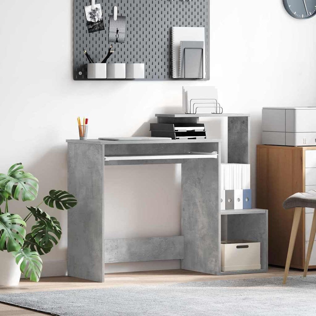 Computerbureau Met Opbergruimte - Werkstation Bureau - Thuiswerken Studeren - Industrieel Beton Grijs Design - 90 X 50 cm - Grijs thumbnail 2