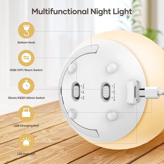 Nachtlampje voor kinderen - USB-oplaadbare LED-tafellamp - Dimbaar, warm licht, 7 kleuren, touchbediening, 0,5/1-uurs timer - Ideaal voor babykamers, slaapkamers en kamperen — afbeelding 2