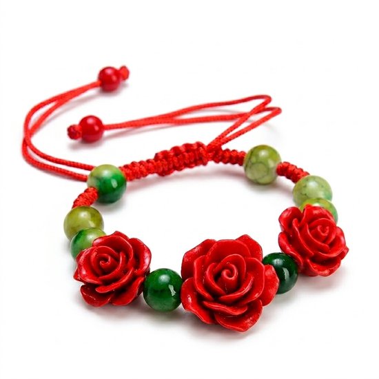 Bracelet rouge orné de roses rouges et de perles vertes, ajustable.