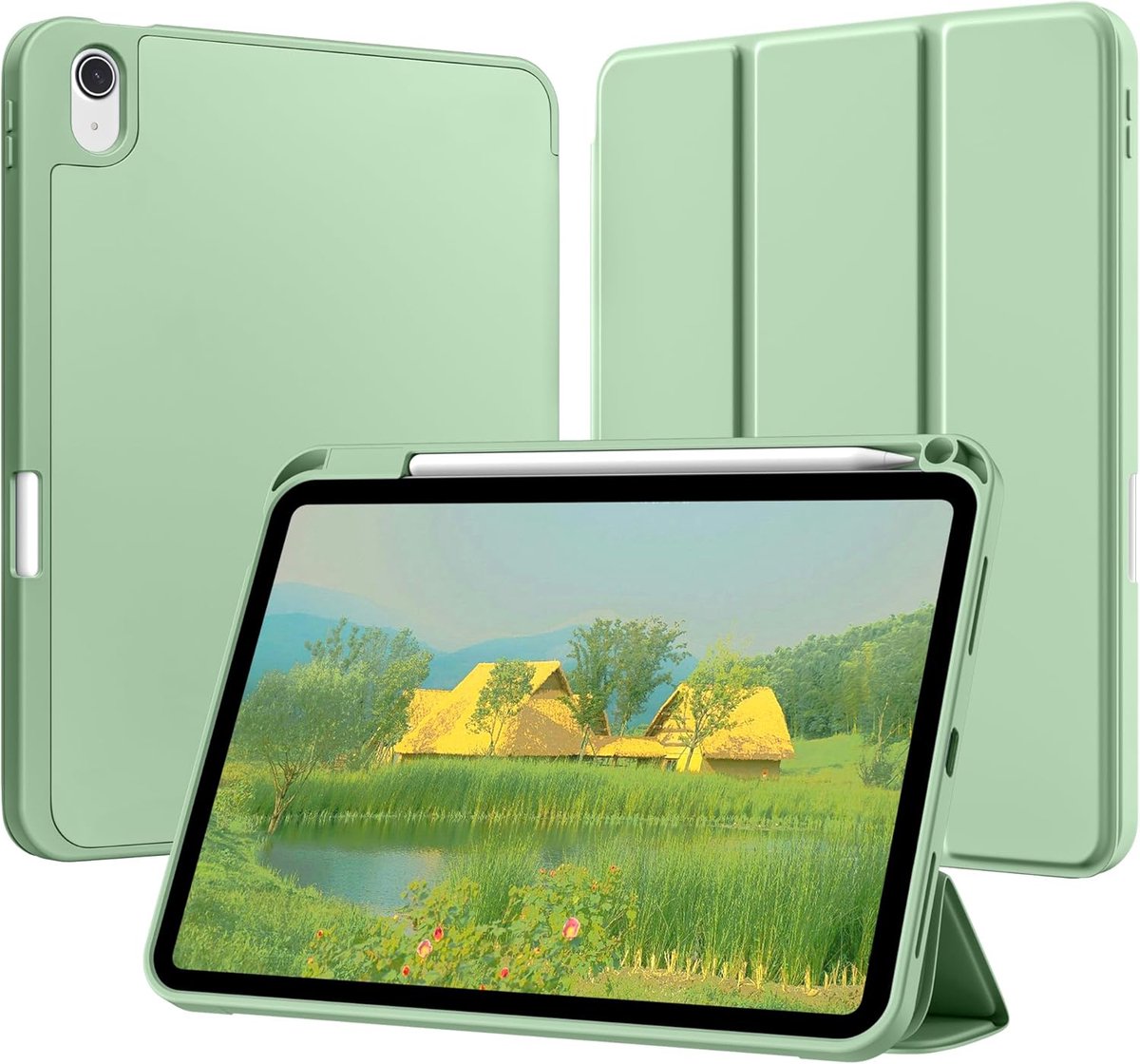 Tolvia Tablet Hoes Geschikt voor Apple iPad 11 (2025) A16/iPad 10.9 Inch (2022) - Zachte TPU Achterkant - Trifold Stand - Pencil Houder - Met Auto Wake/Sleep - Lichtgroen