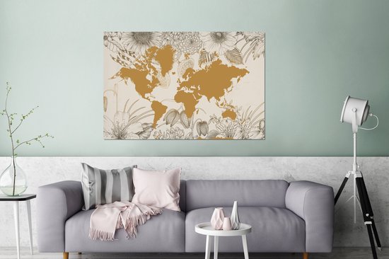 Décoration murale Métal - Peinture Aluminium - Wereldkaart - Goud - Fleurs - 180x120 cm