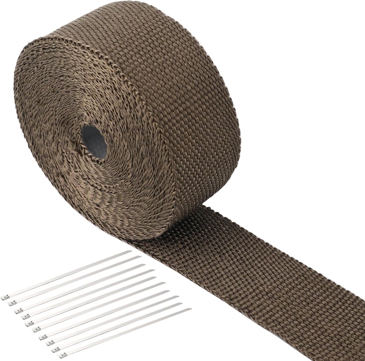 Hittewerende tape voor uitlaat, 5 cm x 10 m, hittebestendig tot 1200 °C, ideaal voor motor- en auto-uitlaatspruitstukken, inclusief 10 roestvrijstalen kabelbinders en titanium kleuren