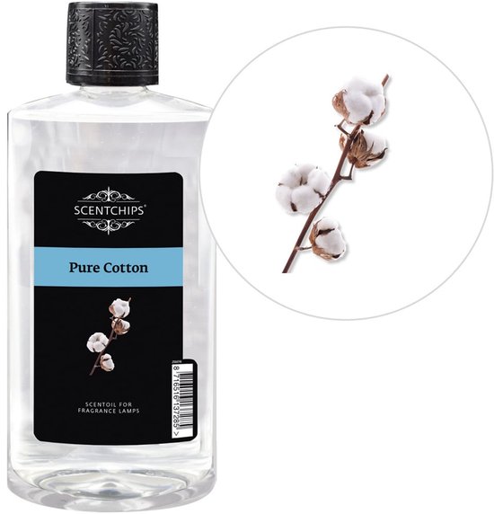 Fles geurolie 'Pure Cotton' met een zwart deksel en een label met een afbeelding van katoenbloesems.