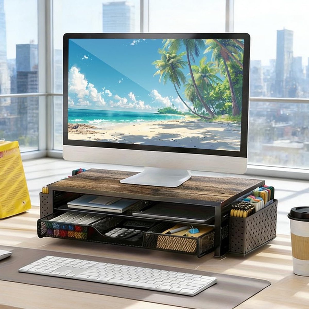 Bureau-organizer met monitorstandaard en opberglades
