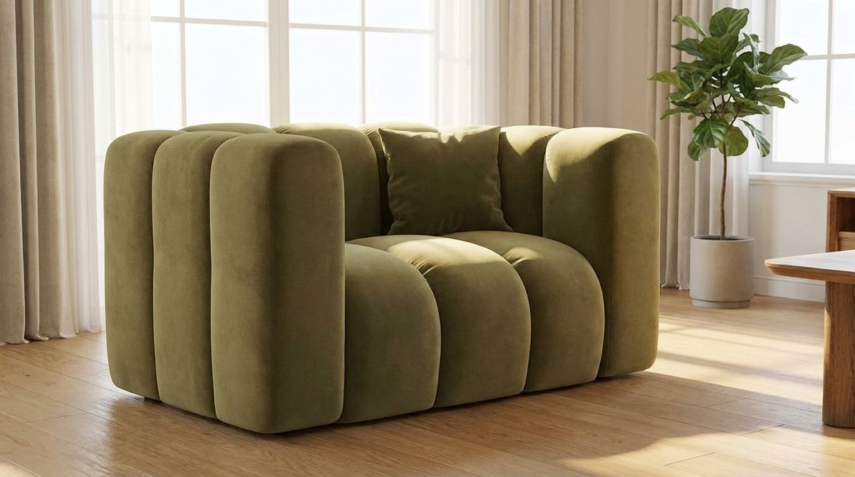 2-Zits Fauteuil Bank - Industrohome GRAND Luxe Relaxbank Olijf | Design Lounge Sofa Woonkamer Slaapkamer | Velours Gestoffeerde Bank met HR-Schuim & Vering | Comfortabele 2 Persoons Fauteuil