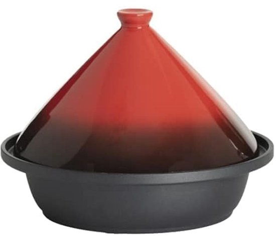 Rode tajine met zwarte bodem, rode deksel met zwarte overloop.