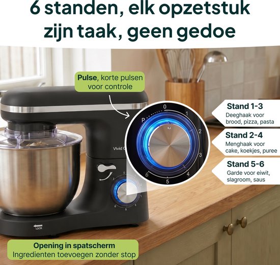 Zwarte keukenmixer met draaiknop en duidelijke aanduiding van de 6 standen en pulse functie.