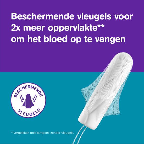o.b. tampon met beschermende vleugels die 2x meer oppervlakte vangen. Tekst: 'Beschermende vleugels voor 2x meer oppervlakte om het bloed op te vangen.'