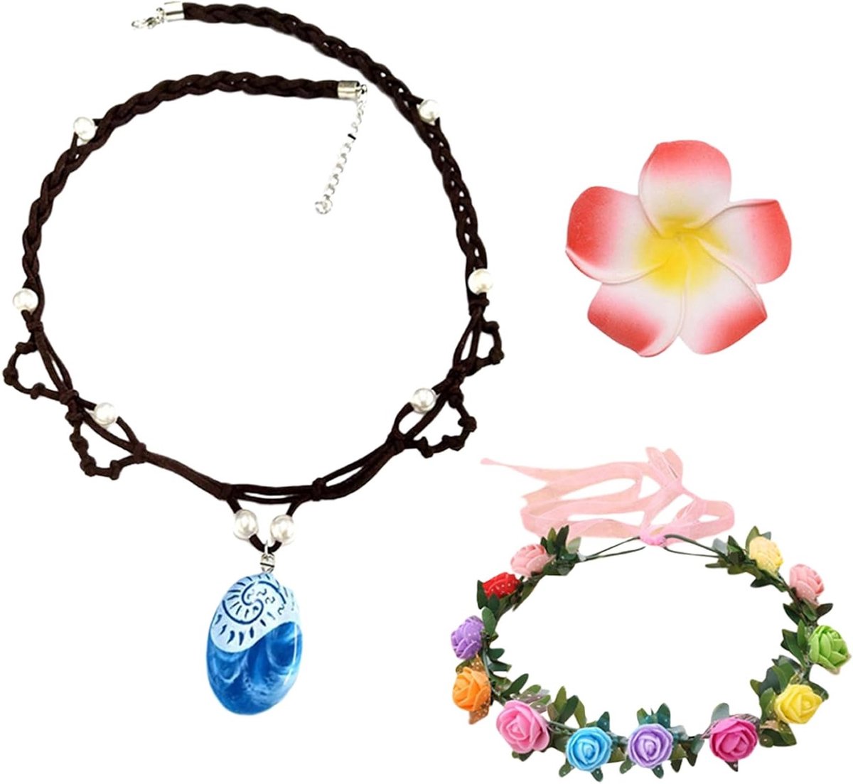 Prinses kostuumset met zeesterketting, bloemenkroon en haarclip voor oceaanthema, ideaal voor carnaval en Halloween