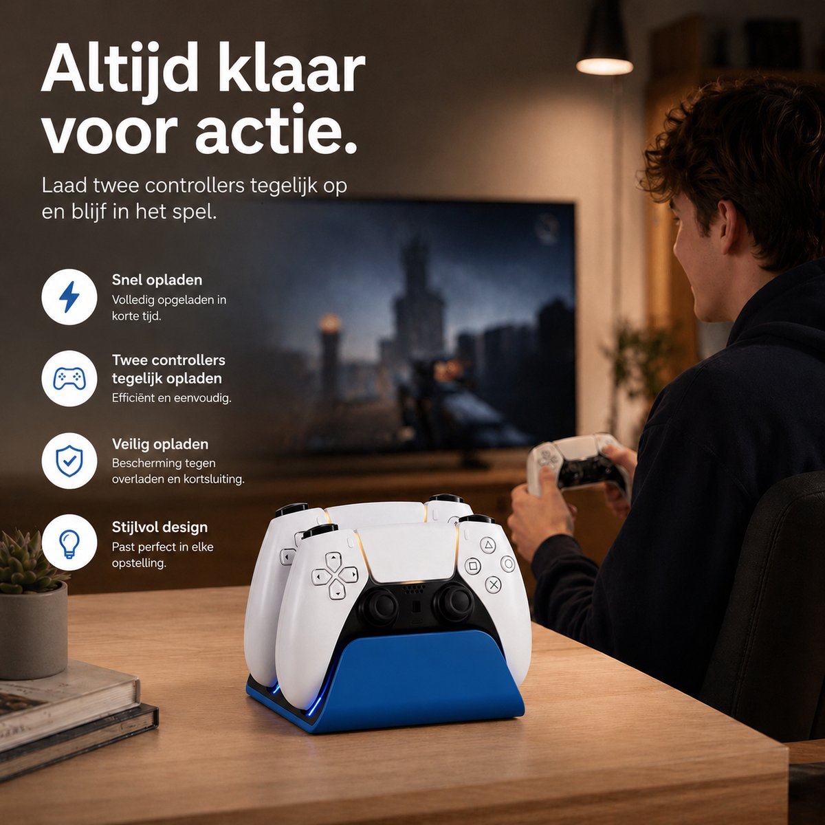 Sounix Oplaadstation geschikt voor PS5 / PS5 Slim / PS5 PRO / DualSense Controller - PS5 accessoires - Dual Oplader - Charging Dock - Blauw – foto 2