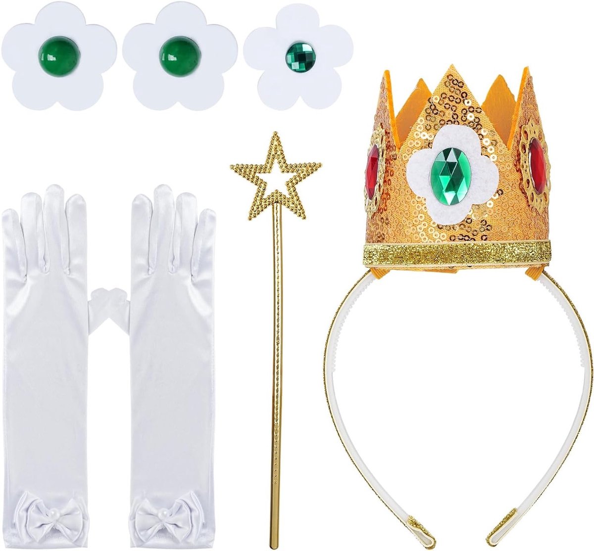 Meisjes Prinsessen Kostuum met 5 Stukken Accessoires, inclusief Kroon, Oorbellen, Handschoenen en Toverstaf voor Verjaardagsfeestje en Themaparty