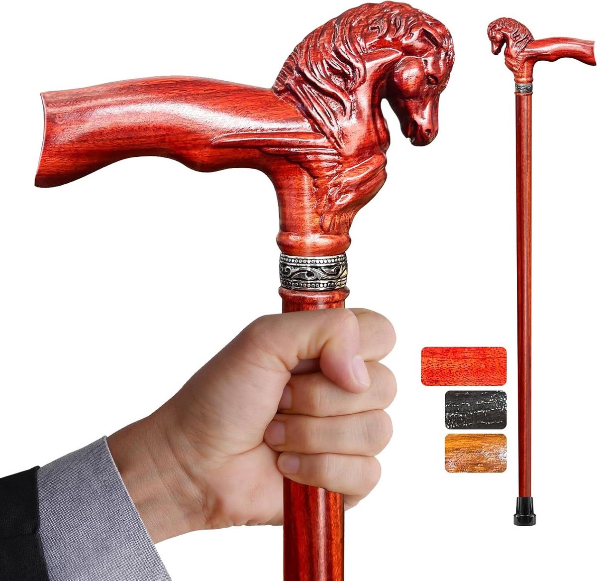 Houten Wandelstok - Stijlvolle Stok - Dagelijks Gebruik - Handgesneden Paardenhoofd - 95 cm - Sandelhout
