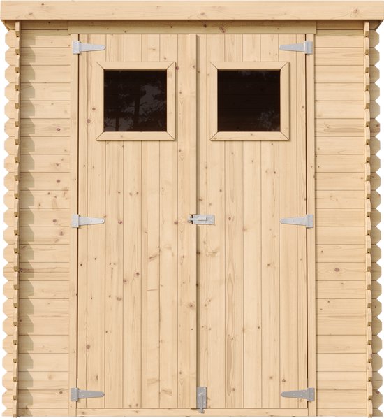 Vooraanzicht van een houten tuinhuis met dubbele deuren, twee kleine raampjes en scharnieren. Natuurlijke houten afwerking.
