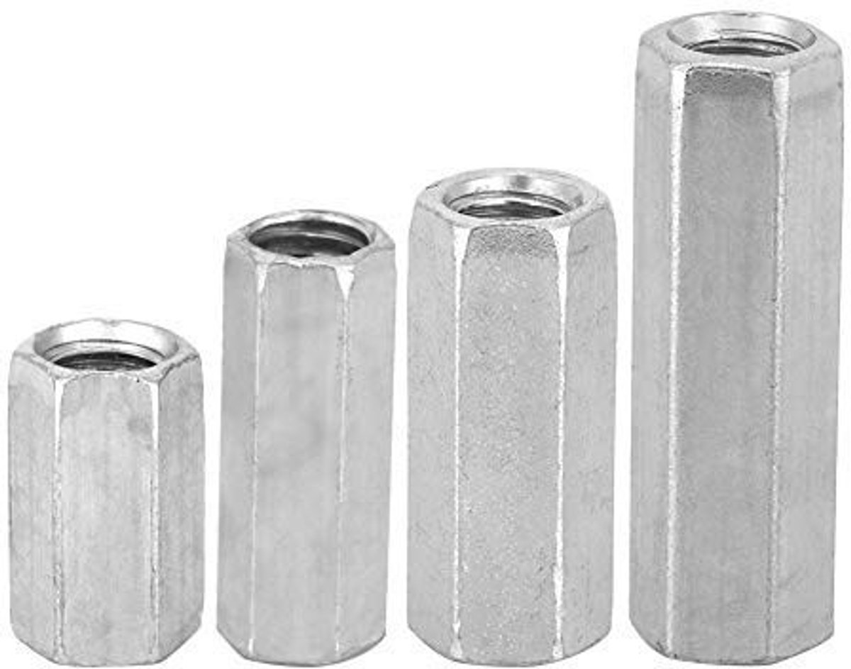 Dailygoods- Koppelingsmoeren 10 Stuks - Hex Moeren - Koolstofstaal - Bevestigingen - Corrosiebestendig - Lange Stang