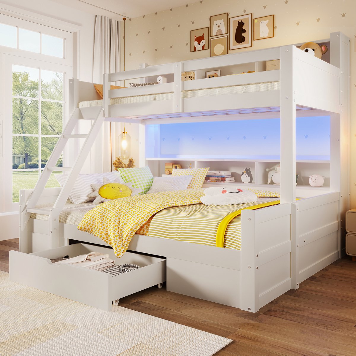 HAUSS SPOLE Stapelbed 90x200cm en 140x200cm - Met LED, Opbergruimte en Ladder - Zonder Matras - Grenenhout - Wit