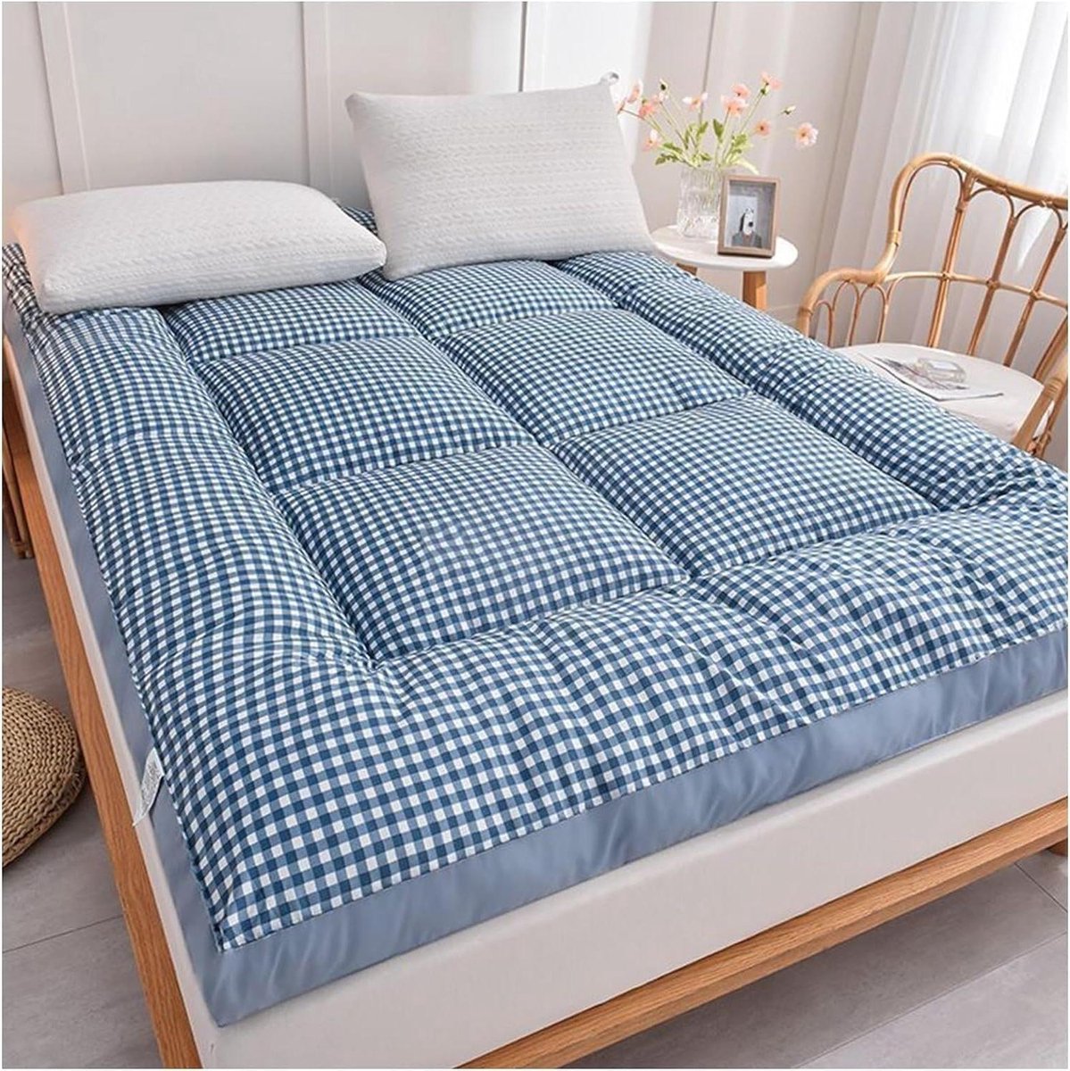 Dikke Vloermatras - Opvouwbaar Futon - Comfortabel Slapen - Huidvriendelijke Vulling - Queen 152x203cm - Blauw Raster