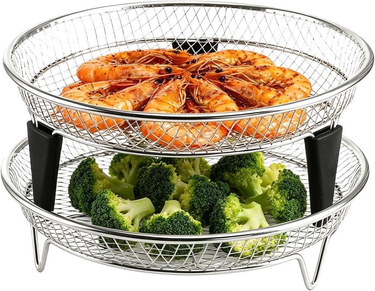 Airfryer Mand Stapelbare Lade Maaltijden Bereiden Roestvrij Staal 2-delig Zilver