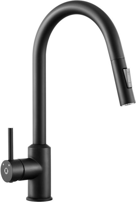 Robinet de cuisine noir mat en acier inoxydable avec bec incurvé, isolé sur fond blanc.