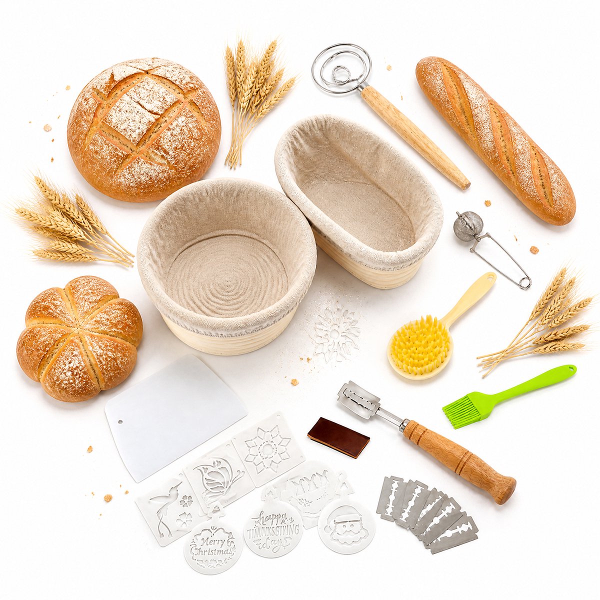 Broodrijsmand Set 10-delig – Rond & Ovaal Rijsmandje van Rotan – Zuurdesem Brood Bakset – Inclusief Deegmes, Deegschraper, Rijsdoek en Meelzeef