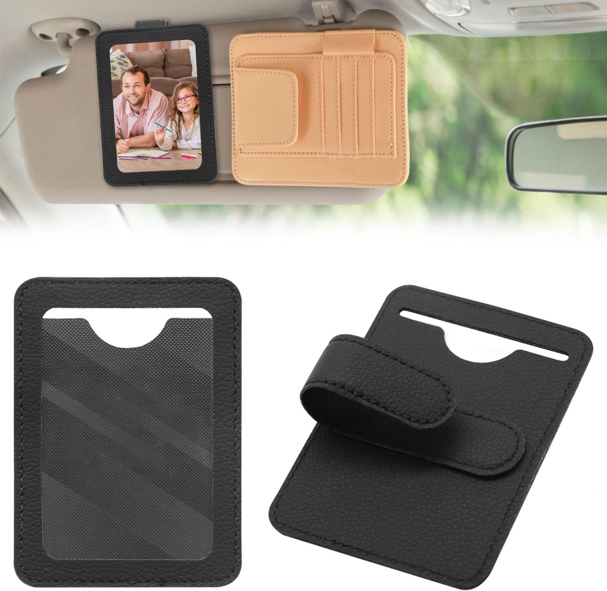 Dailygoods- Fotolijst Auto - 2 Stuks - Leren Houder - Magnetische Fotolijst - Zonneklep Organizer - Multifunctioneel Gebruik - Fotohouder
