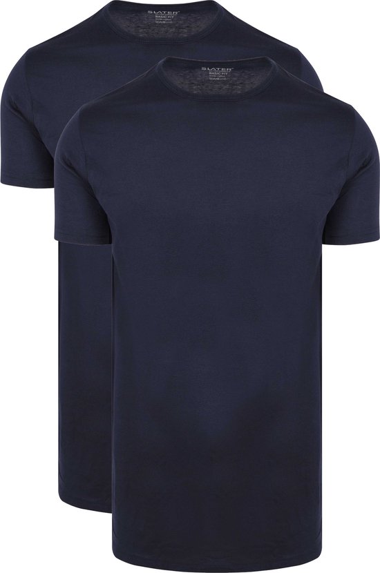 Twee donkerblauwe T-shirts, één voor en één achter, met ronde hals en Slater Basic Fit.