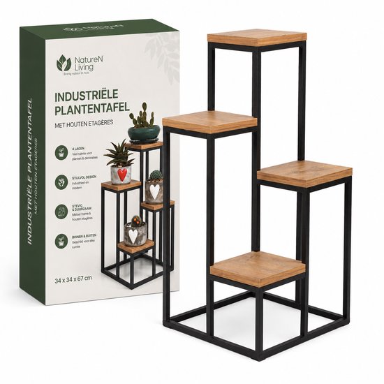 Table à plantes avec 4 plateaux en bois sur un cadre en métal noir. Dimensions 34x34x67cm. NatureN Living.