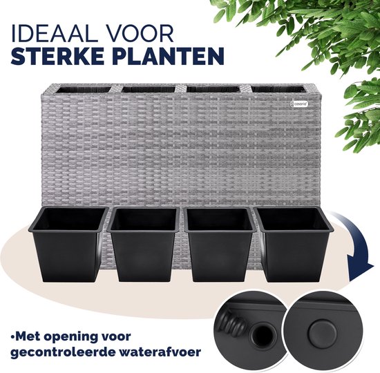 Grijze polyrattan plantenbak van casaria, met 4 uitneembare binnenbakken en waterafvoer.