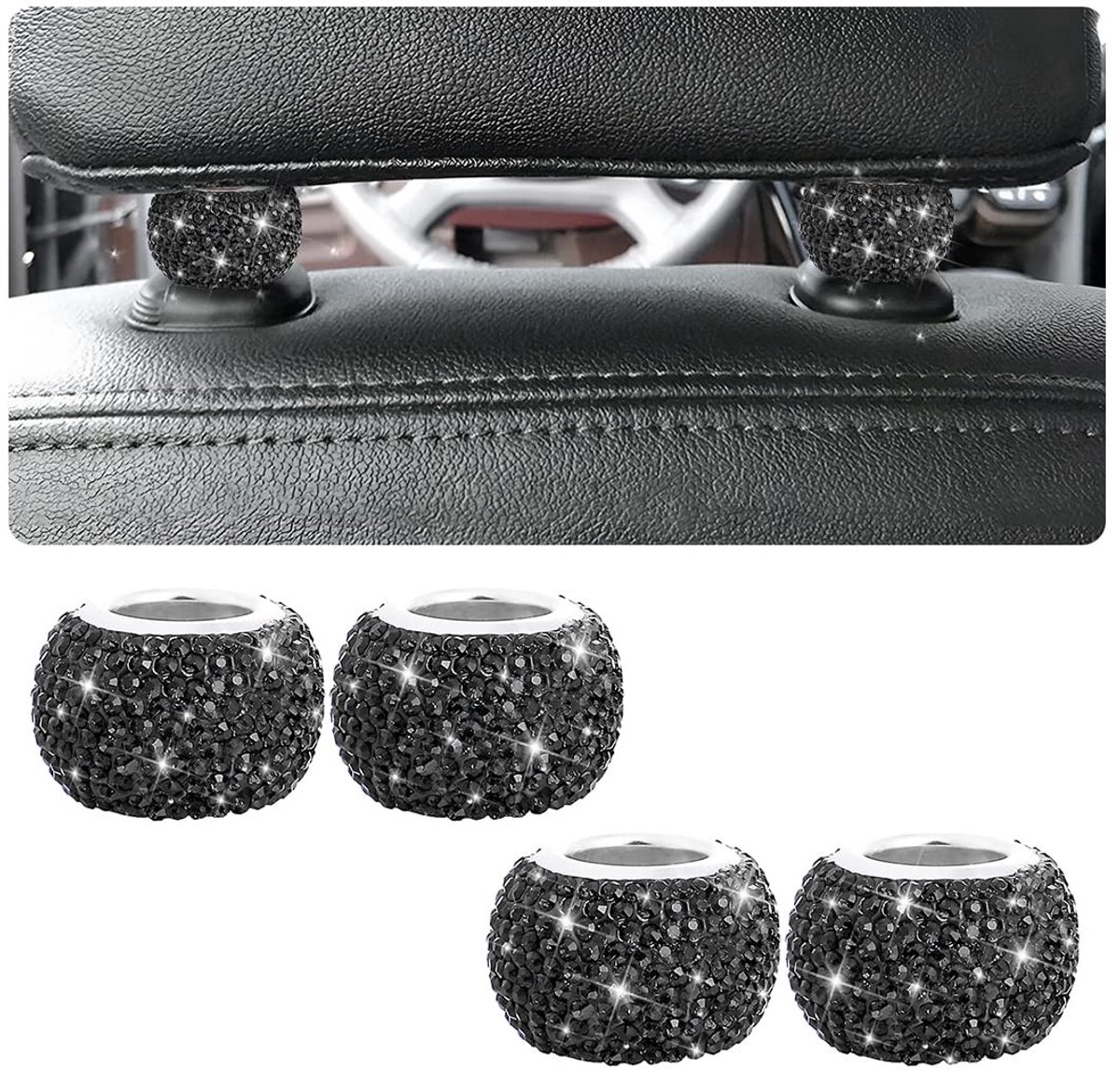 Dailygoods- Hoofdsteun Universeel - Diamantkristallen Ringen - Autostoel Accessoires - Bling Interieurdecoratie - 4 Stuks - Koper/Strass-steentjes - Autodecoratie