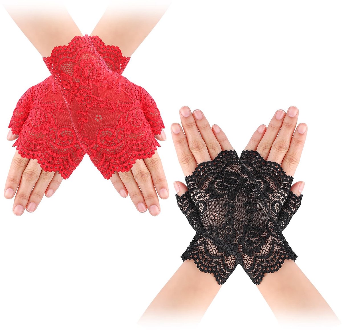 Dailygoods- Bruidshandschoenen Vingerloos Design - 2 Paar Korte Handschoenen - Theeparty/Evenement - Zwart/Rood - Elegante Accessoire - Geschikt voor Dames - Vingerloze Handschoenen