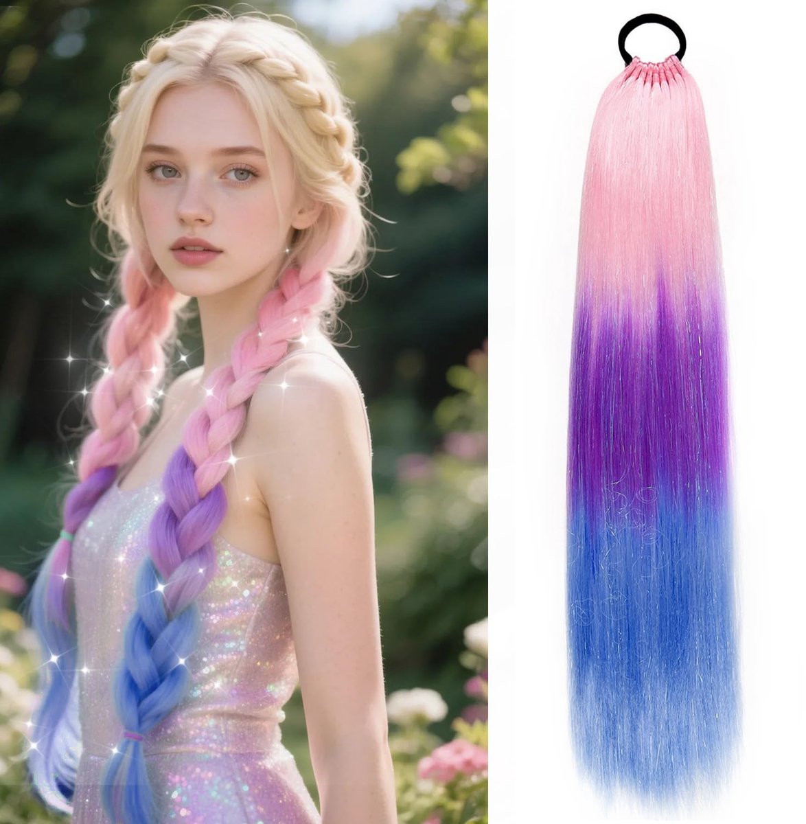 Dailygoods- Paardenstaartextensions 66 cm - Gekleurde Ombre - Synthetisch Haar - Vlechten - 100 g - Perfect voor Feestjes - Haarextensies