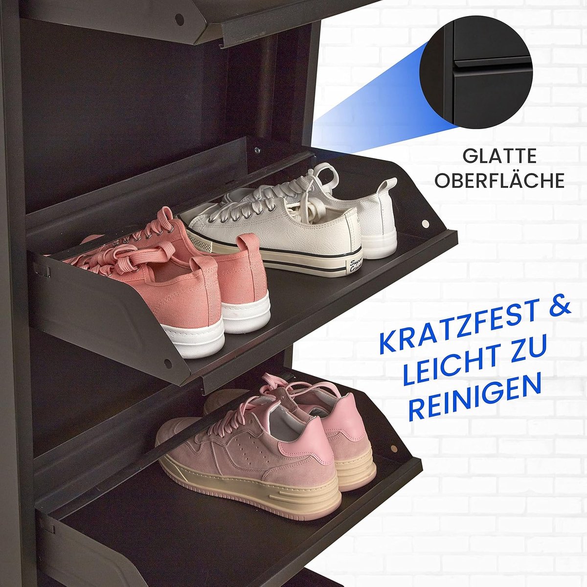 Schoenenkast Smal Metaal met 4 Kleppen - Wandmontage - Magnetische Sluiting - Schoenenrek voor Hal, Gang en Entree - Zwart - 50 x 15 x 137 cm - Mobili Bella