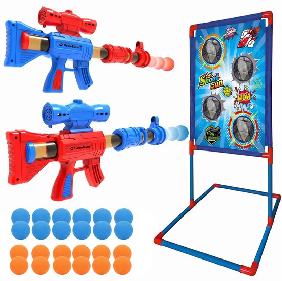 Twee foam guns, rood en blauw, met blauwe en oranje ballen en een schietschijf.