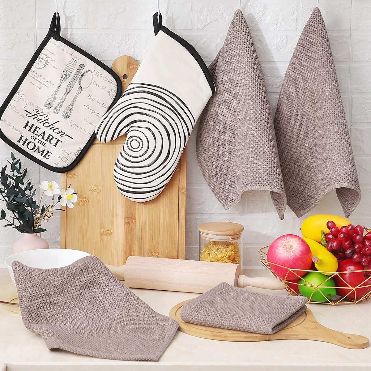 FloraGrace Keukendoeken Set – Hoog Absorberend – 34 x 34 Cm En 34 x 73 Cm – Katoen – Lichtbruin – Voor Drogen En Reinigen