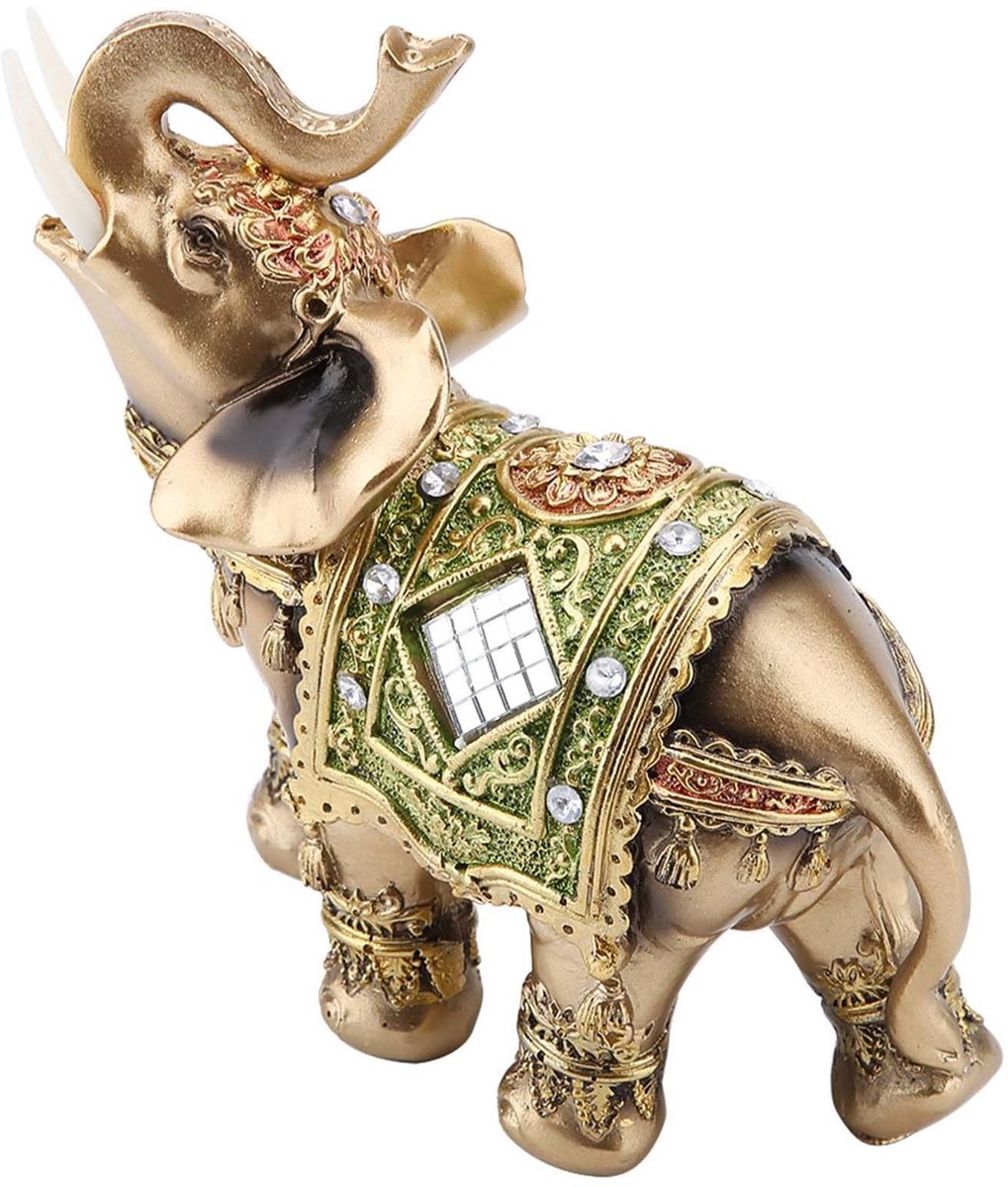 Dailygoods- Olifant Standbeeld Rijkdom - Beeldje Decoratie - Sculptuur Hars - Beelden voor Binnen - Groot Formaat 13,5 x 6 x 14 cm - Nieuw